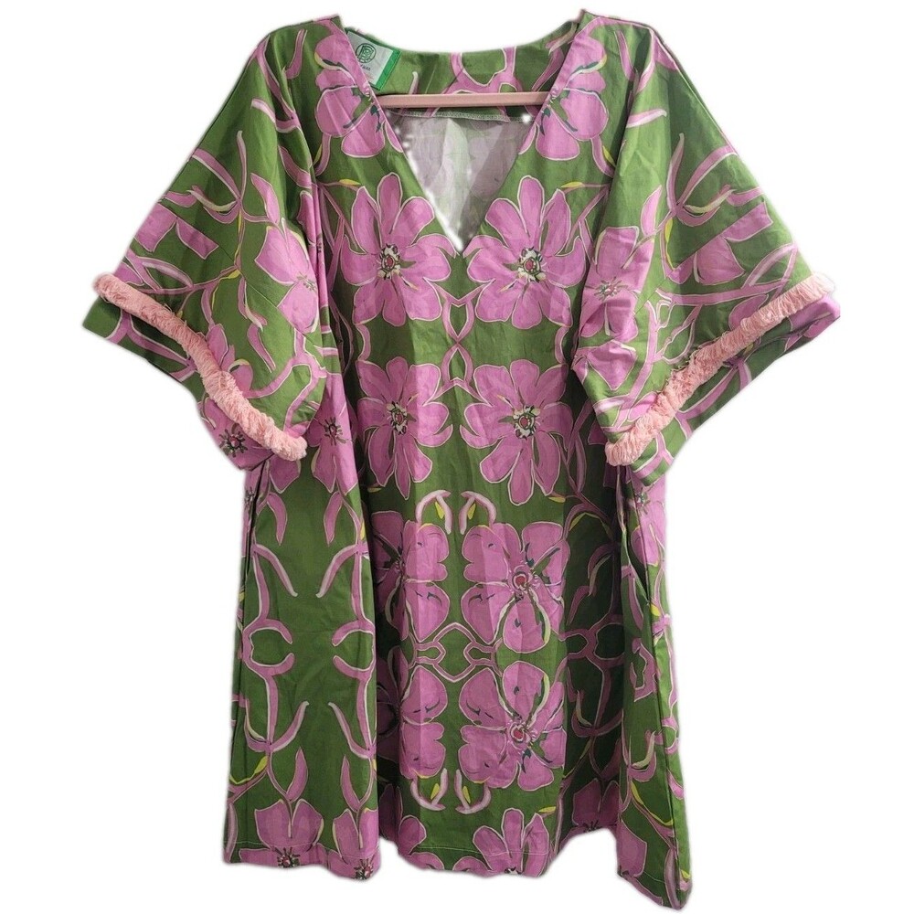 House of MBR Palm House Short Caftan Dress M/L Pink Green Floral Fringe Resort